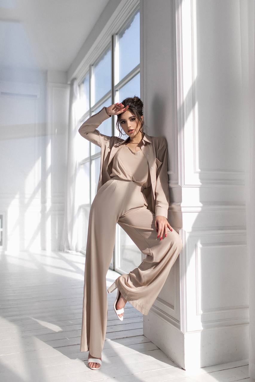 Beige Shirt & High Waist Pants  2-Piece Set (article 284)