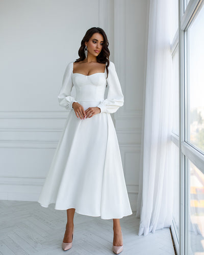 White PUFF-SLEEVE MIDI DRESS (ARTICLE 401)