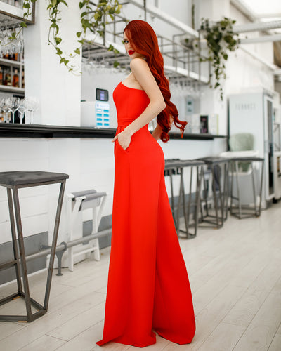 Red Strapless V-Neck Jumpsuit (article 323)