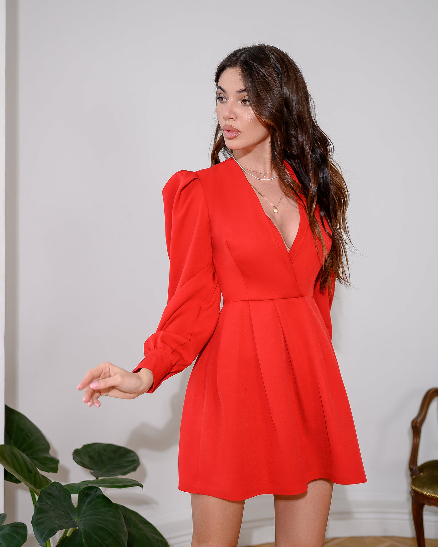 Red PUFF-SLEEVE V-NECK MINI DRESS (ARTICLE 313)