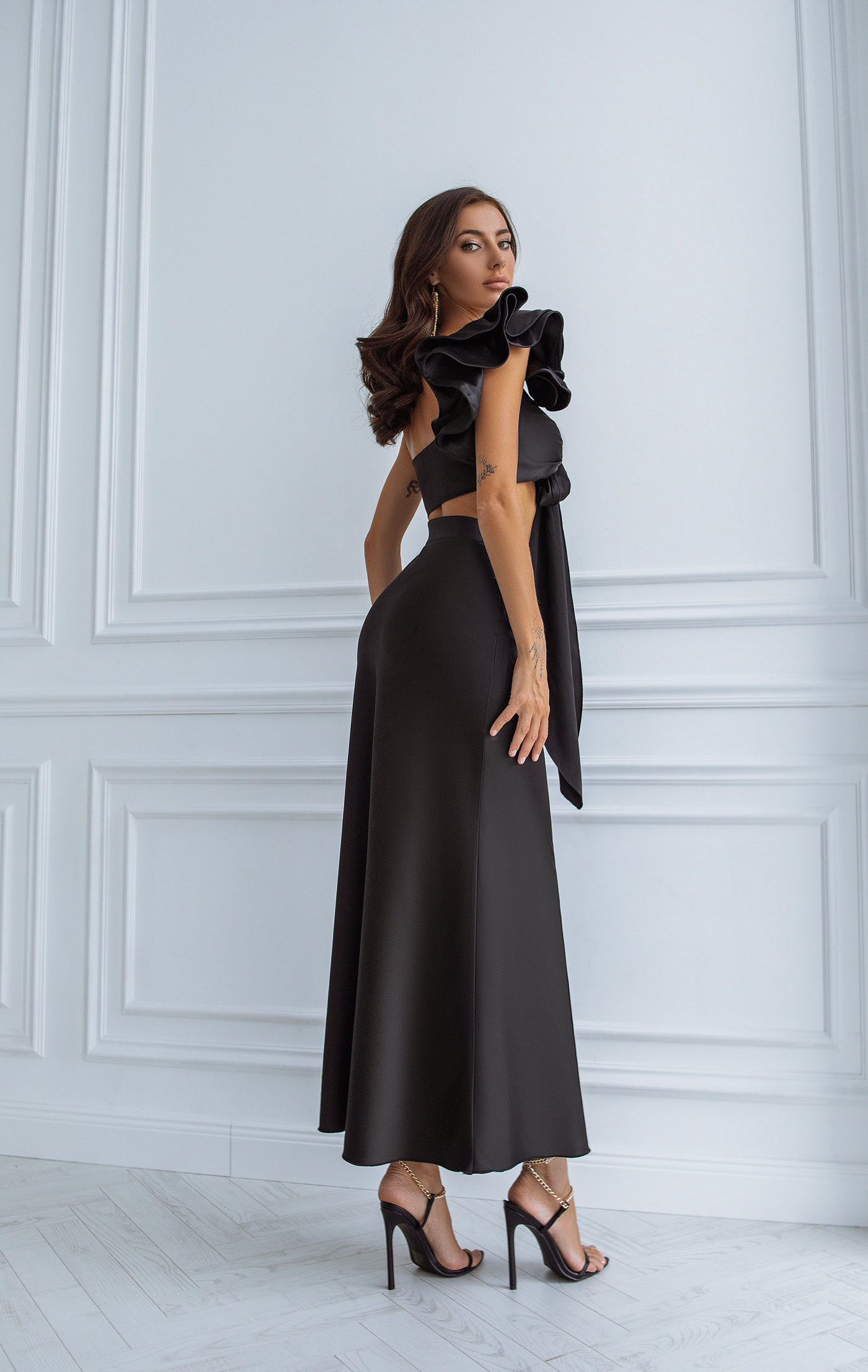 Black SATIN BOW TOP & MIDI SKIRT 2-PIECE SET (ARTICLE C381/1)