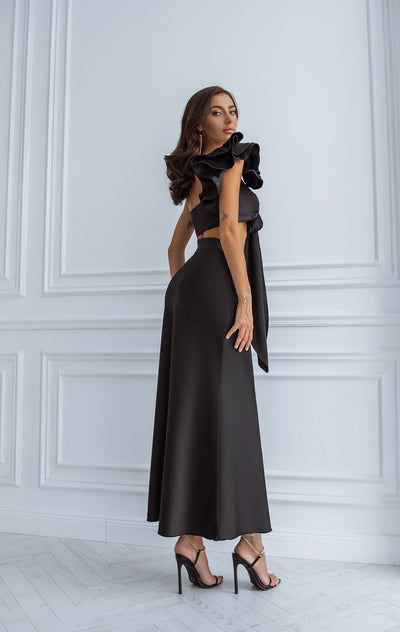 Black SATIN BOW TOP & MIDI SKIRT 2-PIECE SET (ARTICLE C381/1)