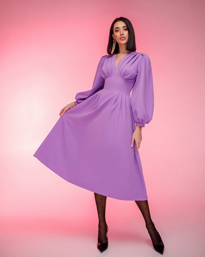 Purple V-NECK PUFF-SLEEVE MIDI DRESS (ARTICLE 352)