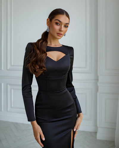 Black SATIN LONG SLEEVE MIDI DRESS (ARTICLE 342)