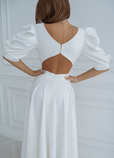 White BACKLESS PUFF-SLEEVE MIDI DRESS (ARTICLE C383)