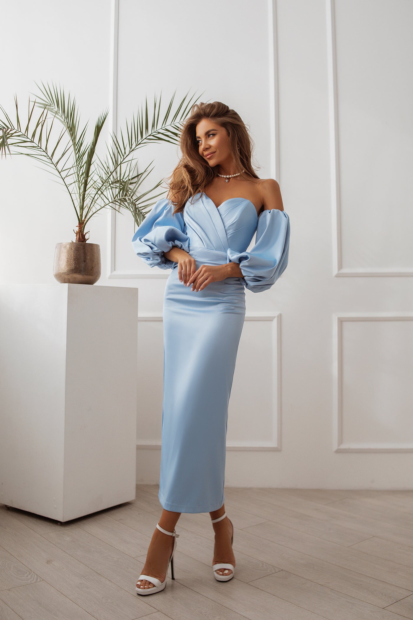 Sky-blue PUFFED SLEEVE MIDI DRESS (ARTICLE C292)