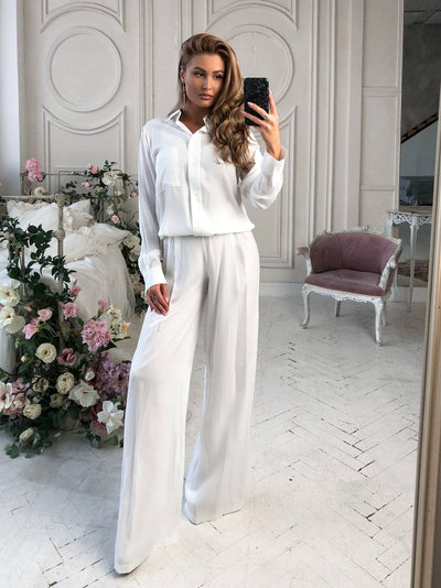 Milky White Shirt & High Waist Pants 2-Piece Set (article 284)