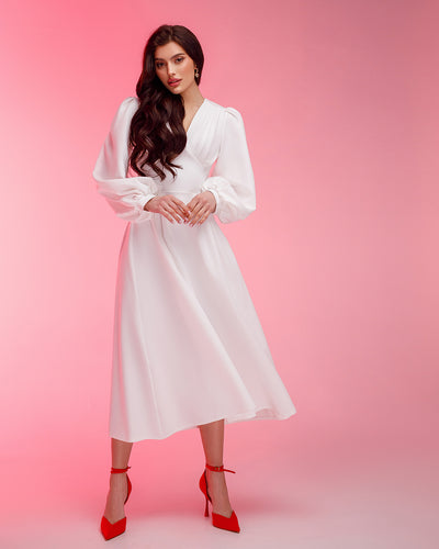 White V-NECK PUFF-SLEEVE MIDI DRESS (ARTICLE 352)