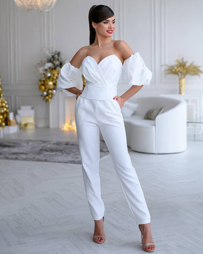 White CORSETED STRAPLESS TOP & HIGH WAISTED REGULAR FIT PANTS 2-PIECE SET (ARTICLE 307)