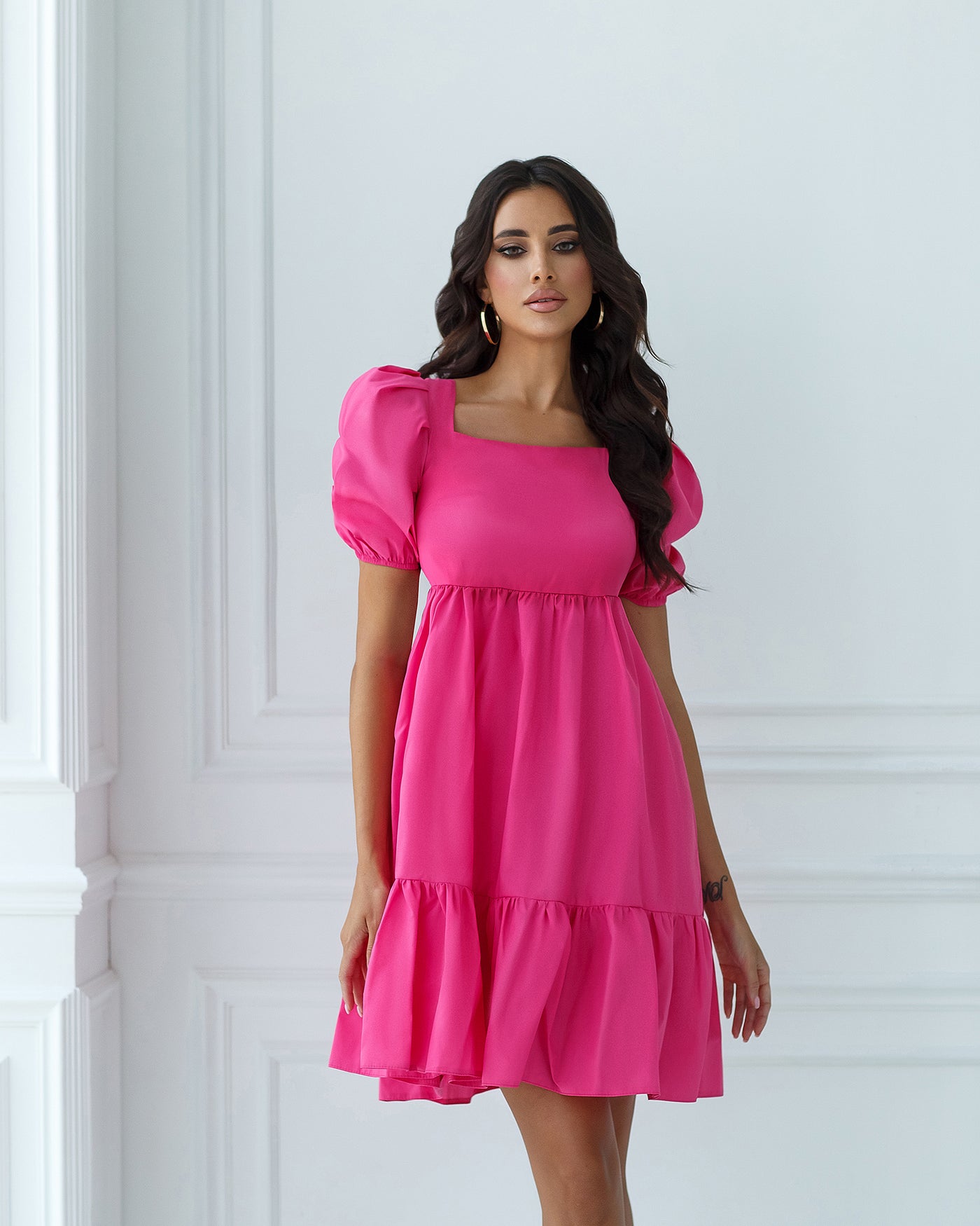 Crimson SQUARE NECK PUFF-SLEEVE MINI DRESS (ARTICLE 346)