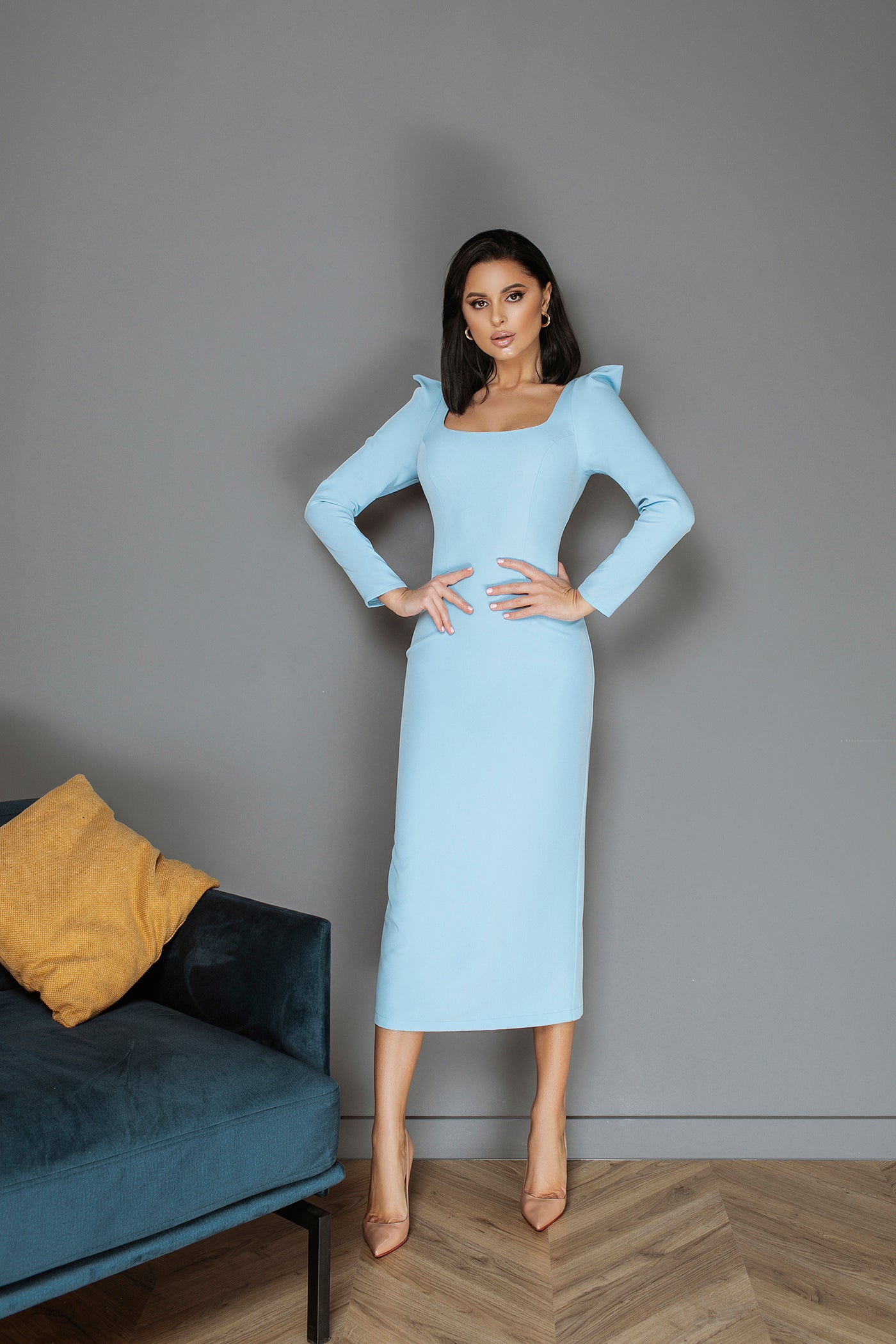 Sky-blue SQUARE NECKLINE MIDI DRESS (ARTICLE C362)