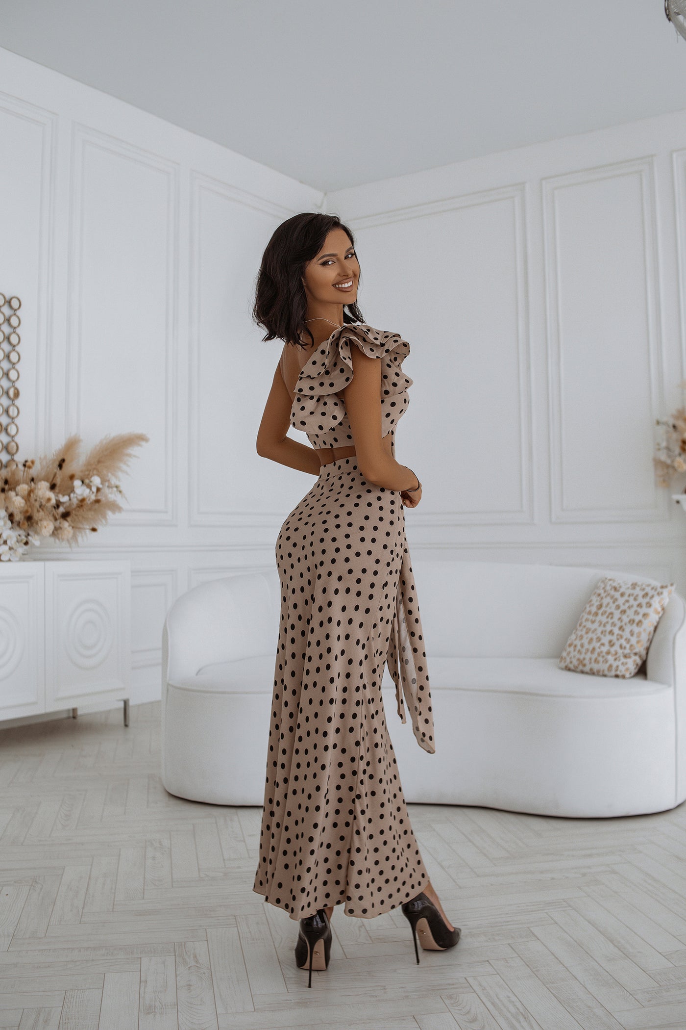 Beige Polka Dot BOW TOP & MIDI SKIRT 2-PIECE SET (ARTICLE C381)