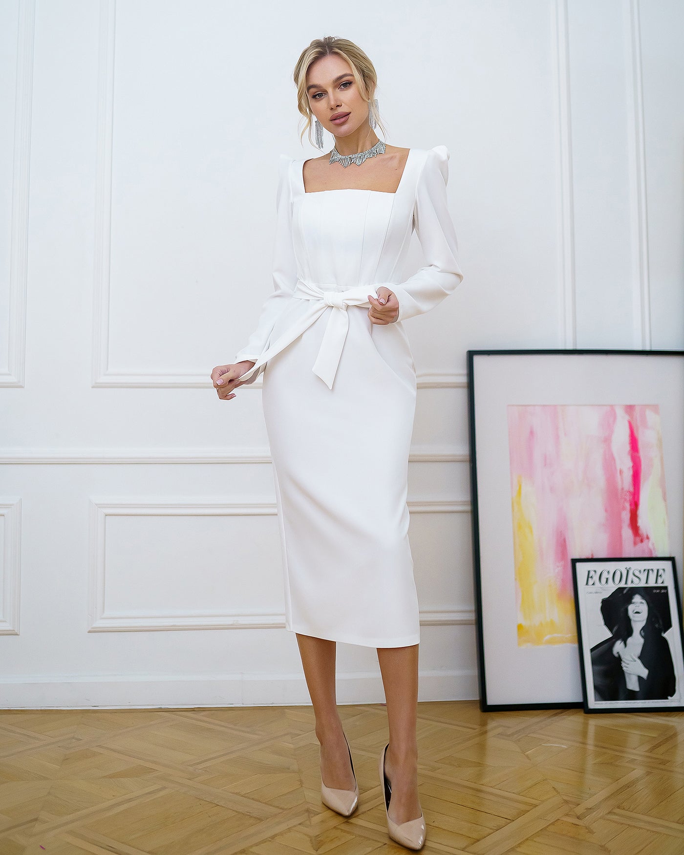 White SQUARE NECK PUFF-SLEEVE MIDI DRESS (ARTICLE 318)