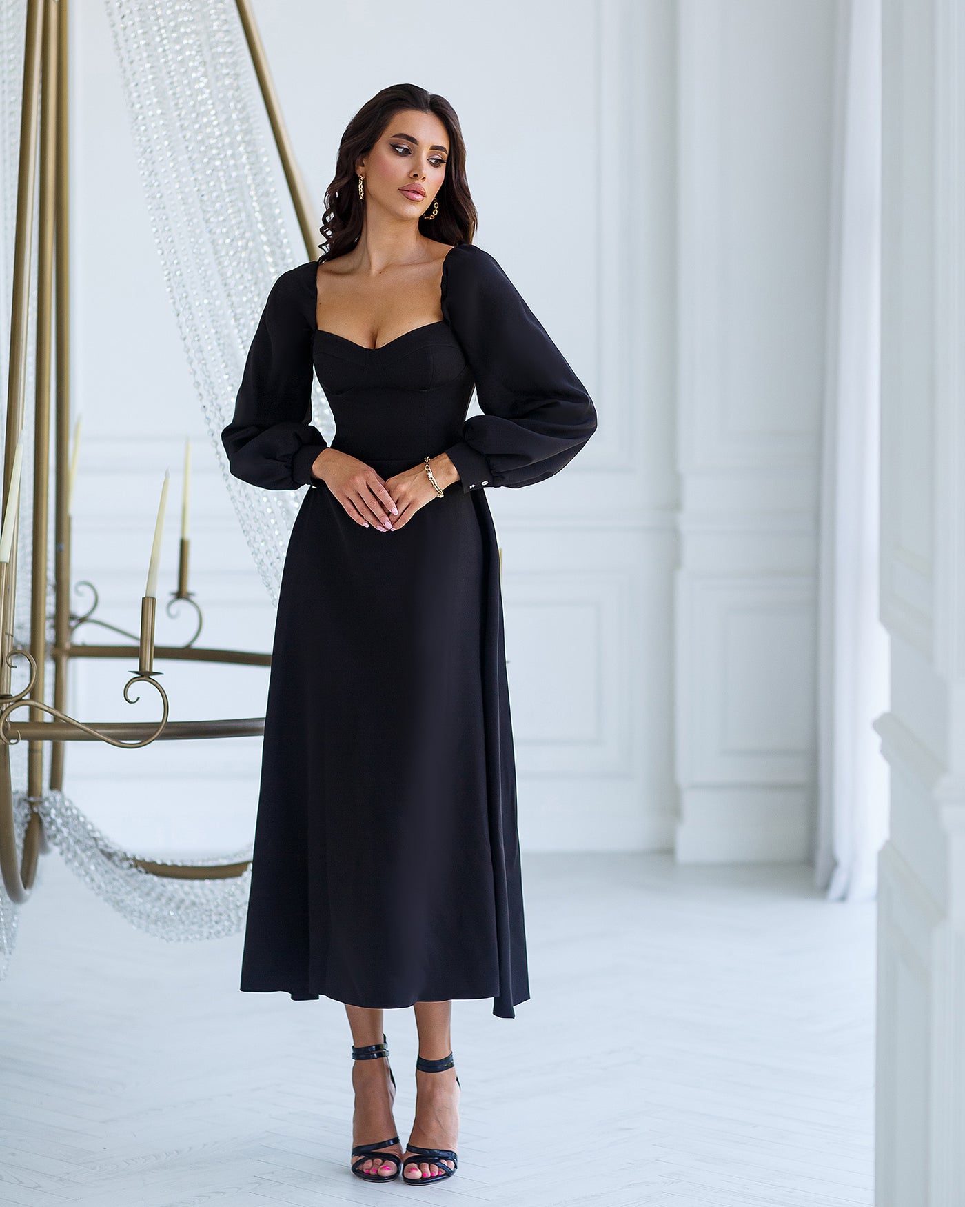 Black PUFF-SLEEVE MIDI DRESS (ARTICLE 401)