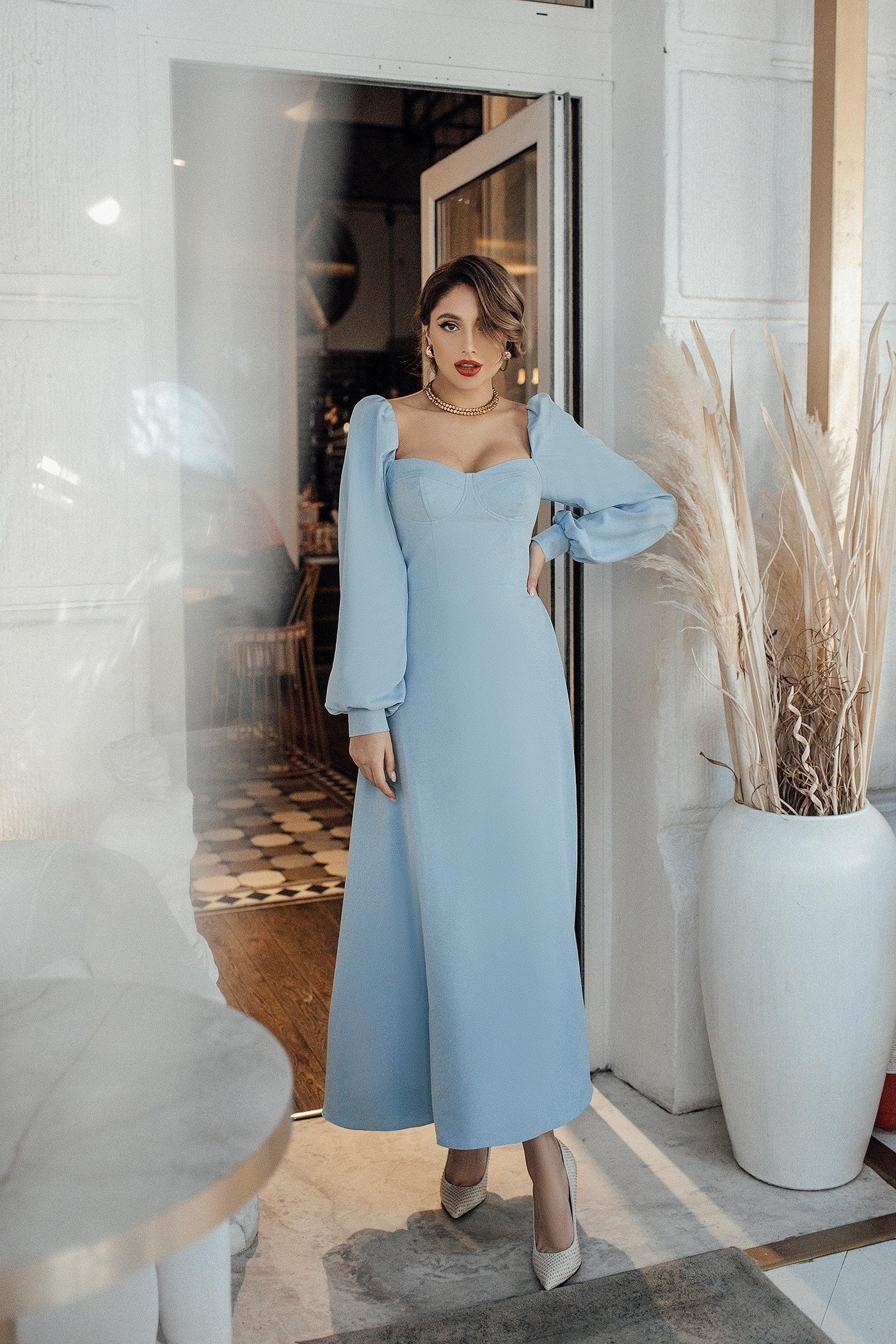 Sky blue Puff-Sleeve Midi Dress (Article 401)