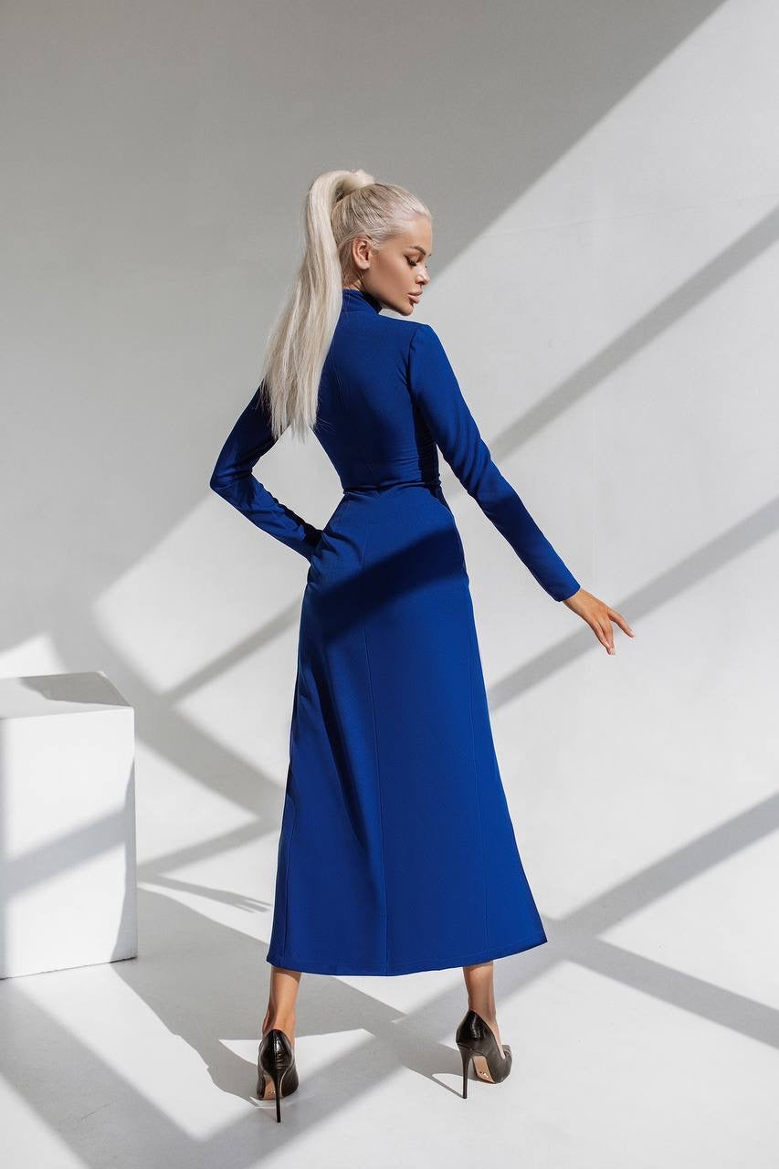 Blue High Neck Side-Slit Midi Dress (article C359)