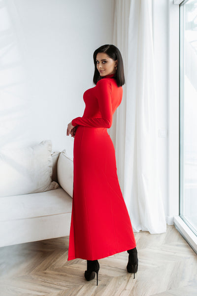 Red HIGH NECK SIDE-SLIT MIDI DRESS (ARTICLE C359)