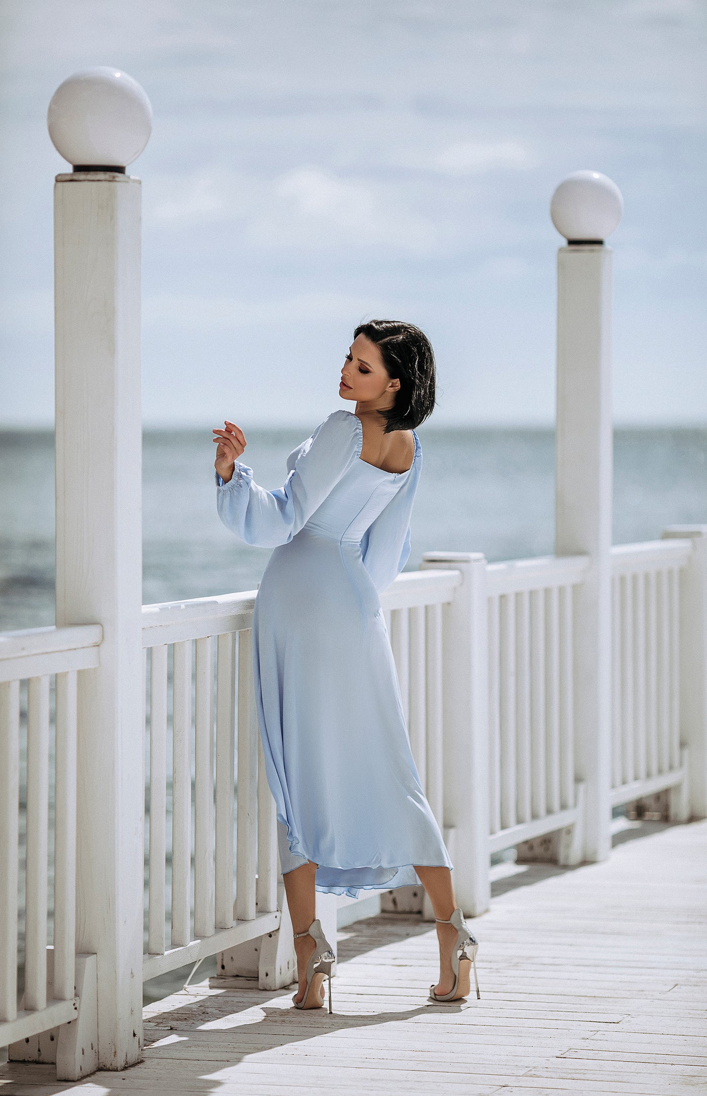 Sky-blue PUFF SLEEVE MIDI DRESS (ARTICLE C329)