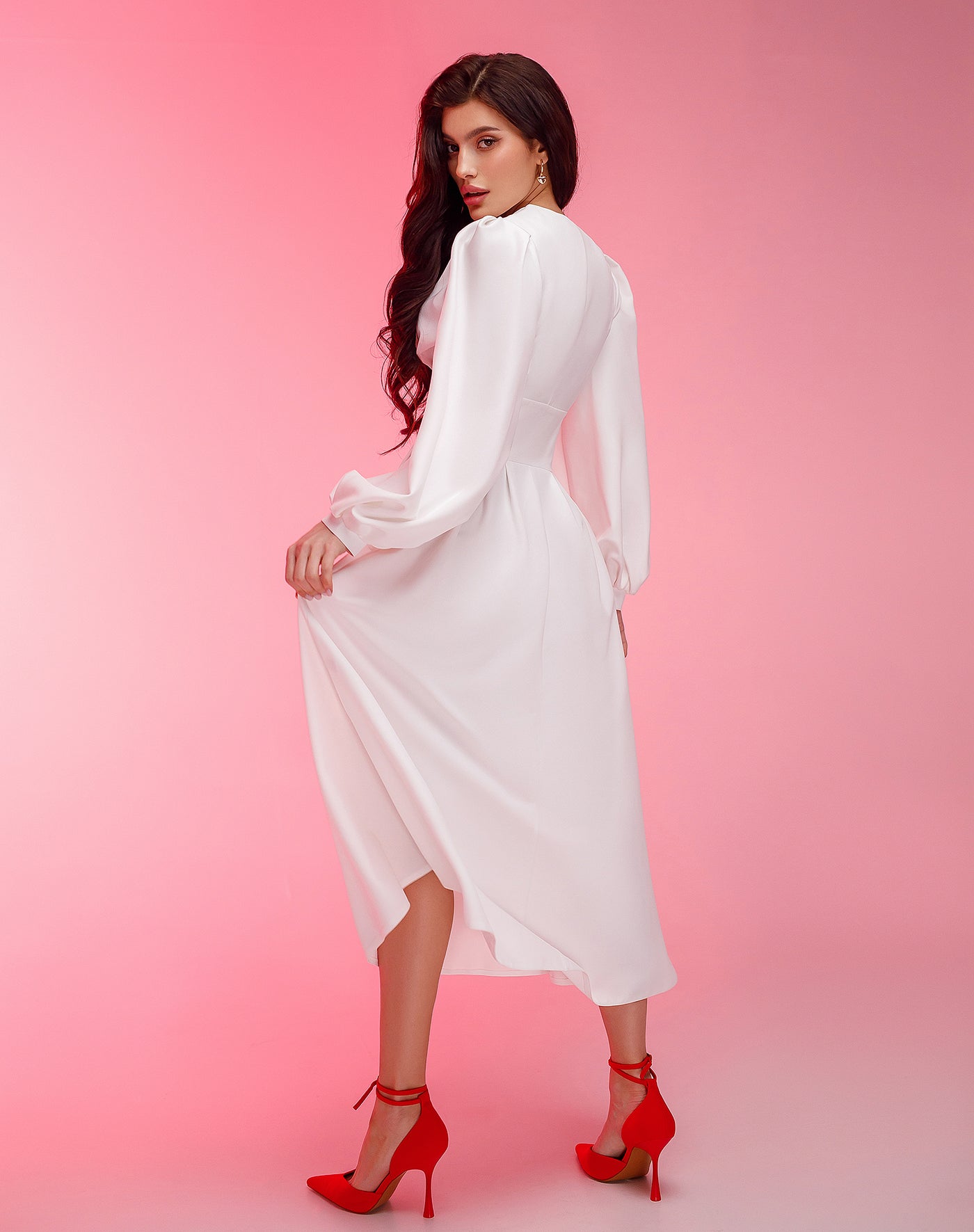 White V-NECK PUFF-SLEEVE MIDI DRESS (ARTICLE 352)