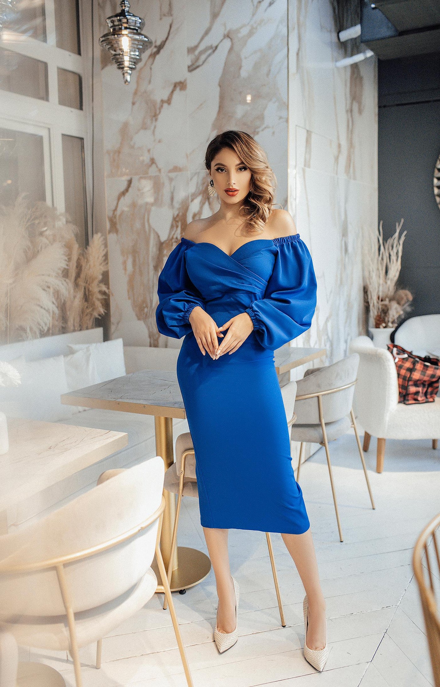 Blue PUFF-SLEEVE MIDI DRESS (ARTICLE 256)