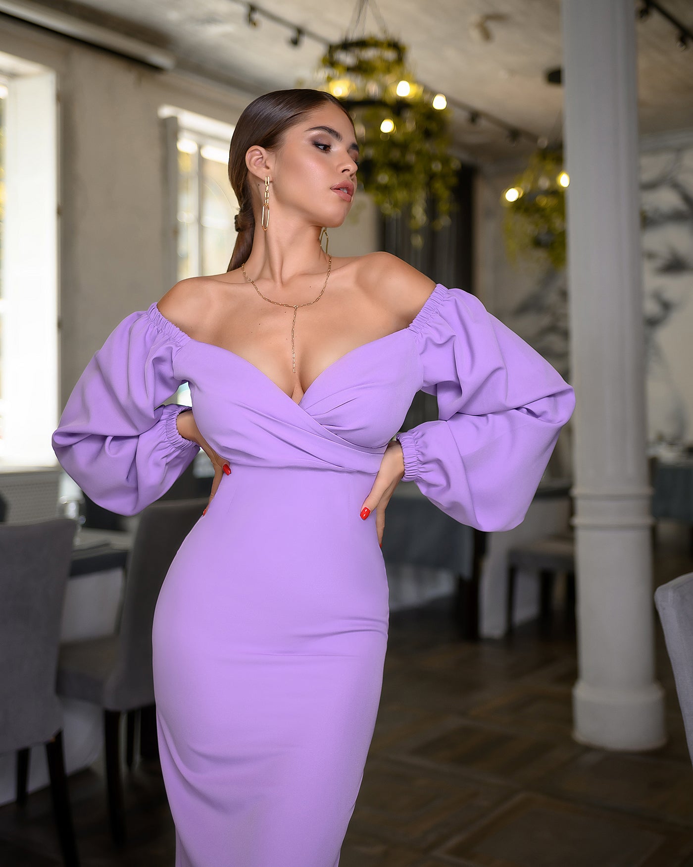 Lavender Puff-Sleeve Midi Dress (article 256)