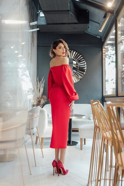 Red Puff-Sleeve Midi Dress (article 256)