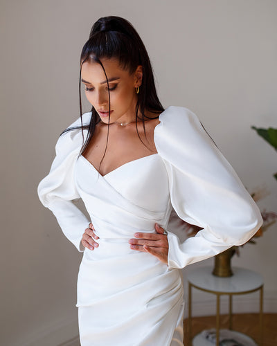 White SATIN PUFF-SLEEVE MIDI DRESS (ARTICLE 333)