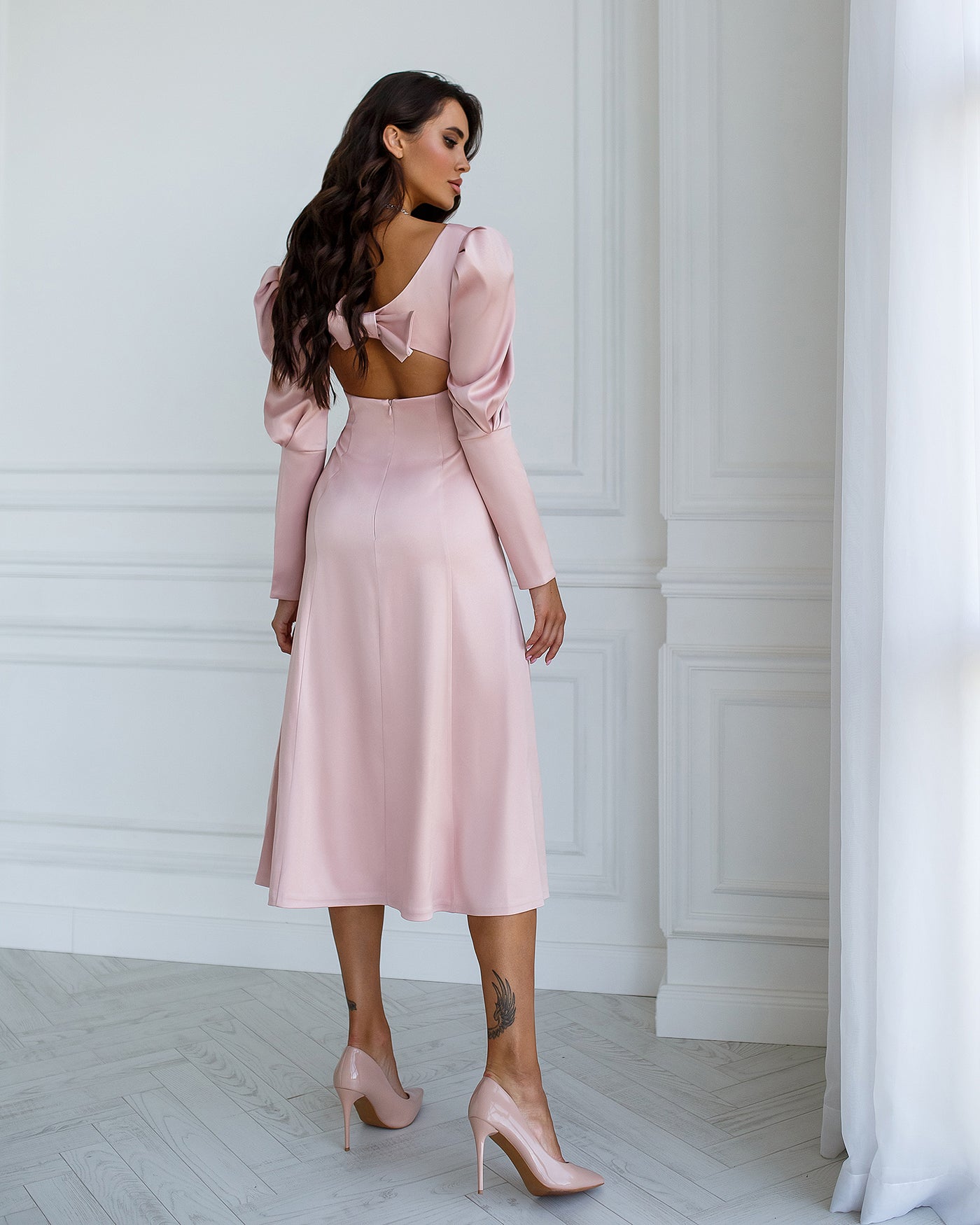 Dusty Pink Satin Bow Back Midi Dress (article 340)