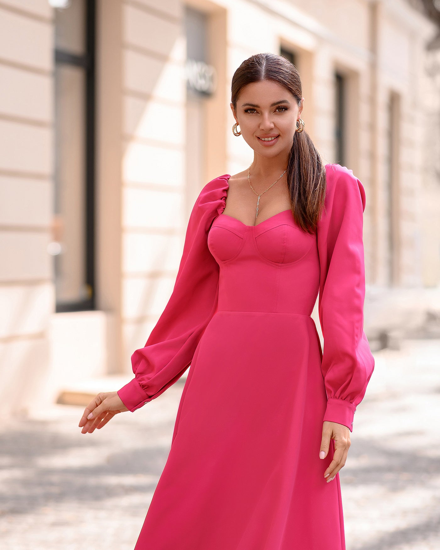 Crimson PUFF-SLEEVE MIDI DRESS (ARTICLE 401)