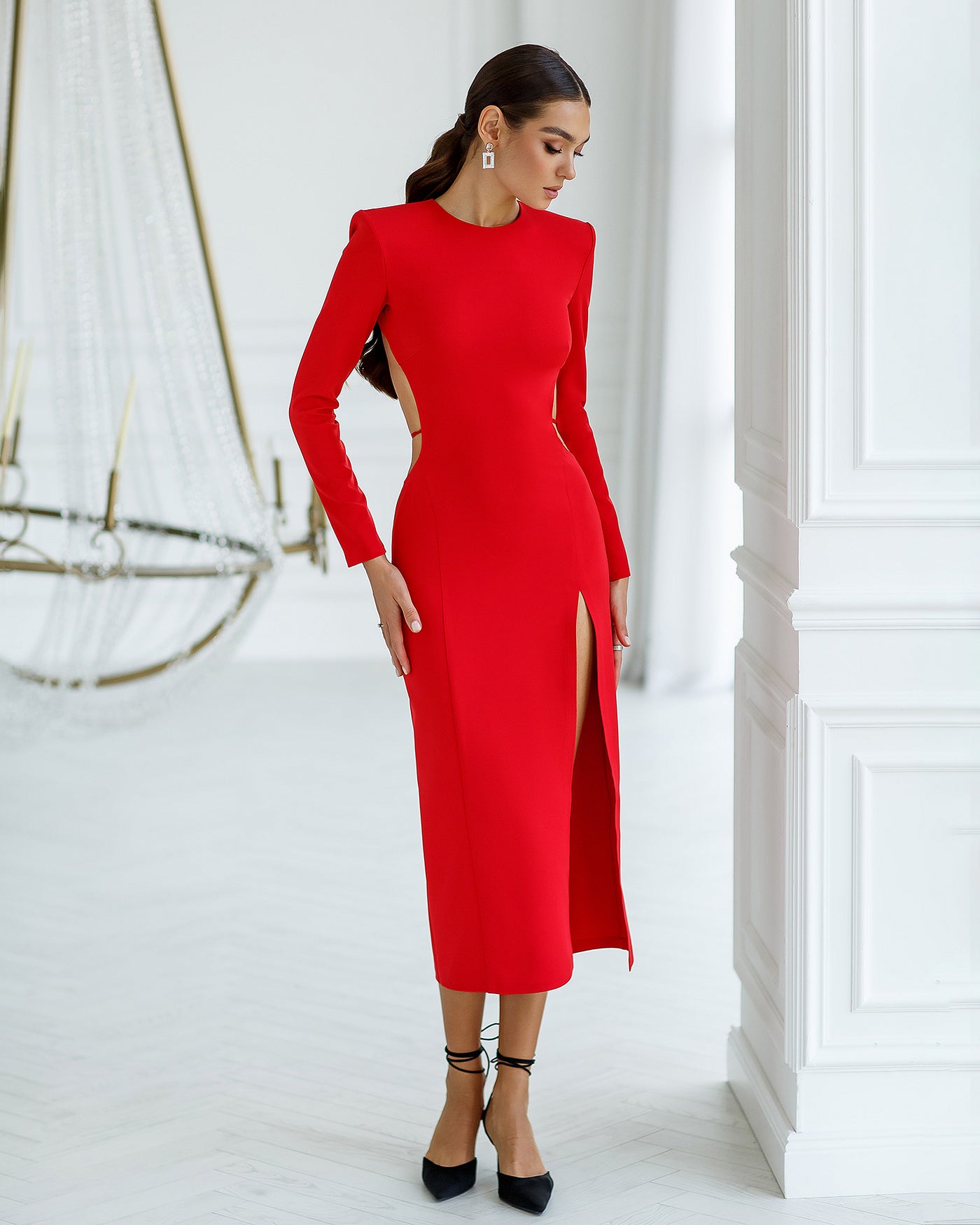 Red BACKLESS LONG SLEEVE MIDI DRESS (ARTICLE 327)