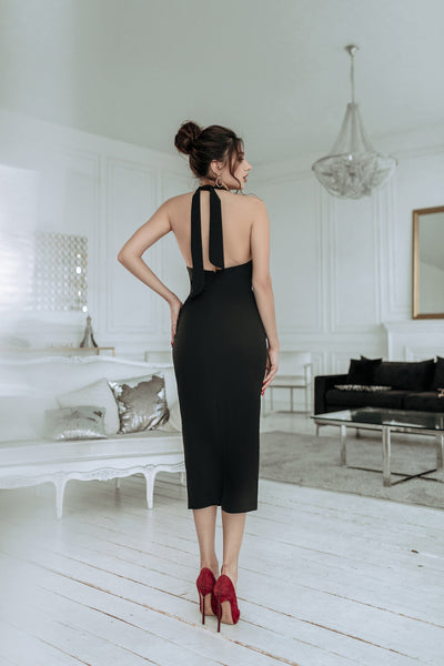 BLACK BACKLESS HALTER MIDI DRESS