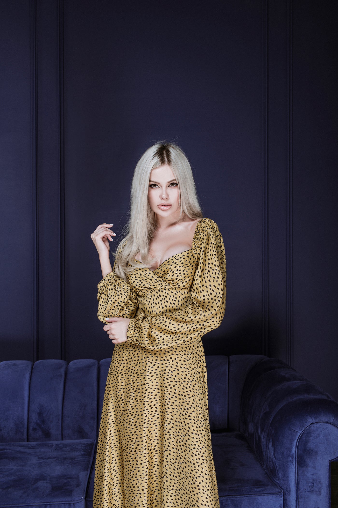 Gold PUFF SLEEVE MIDI DRESS (ARTICLE C329)