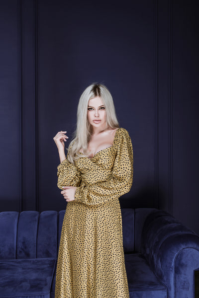 Gold PUFF SLEEVE MIDI DRESS (ARTICLE C329)