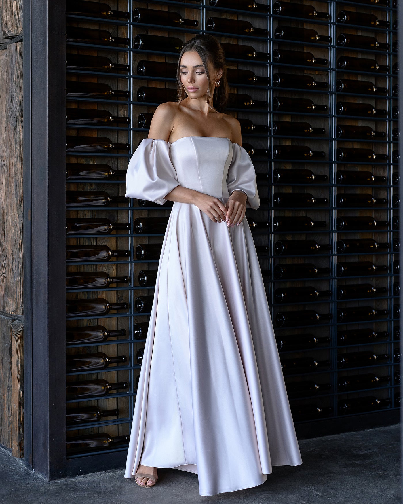 Beige SATIN PUFF-SLEEVE BRIDAL MAXI DRESS (ARTICLE 288)