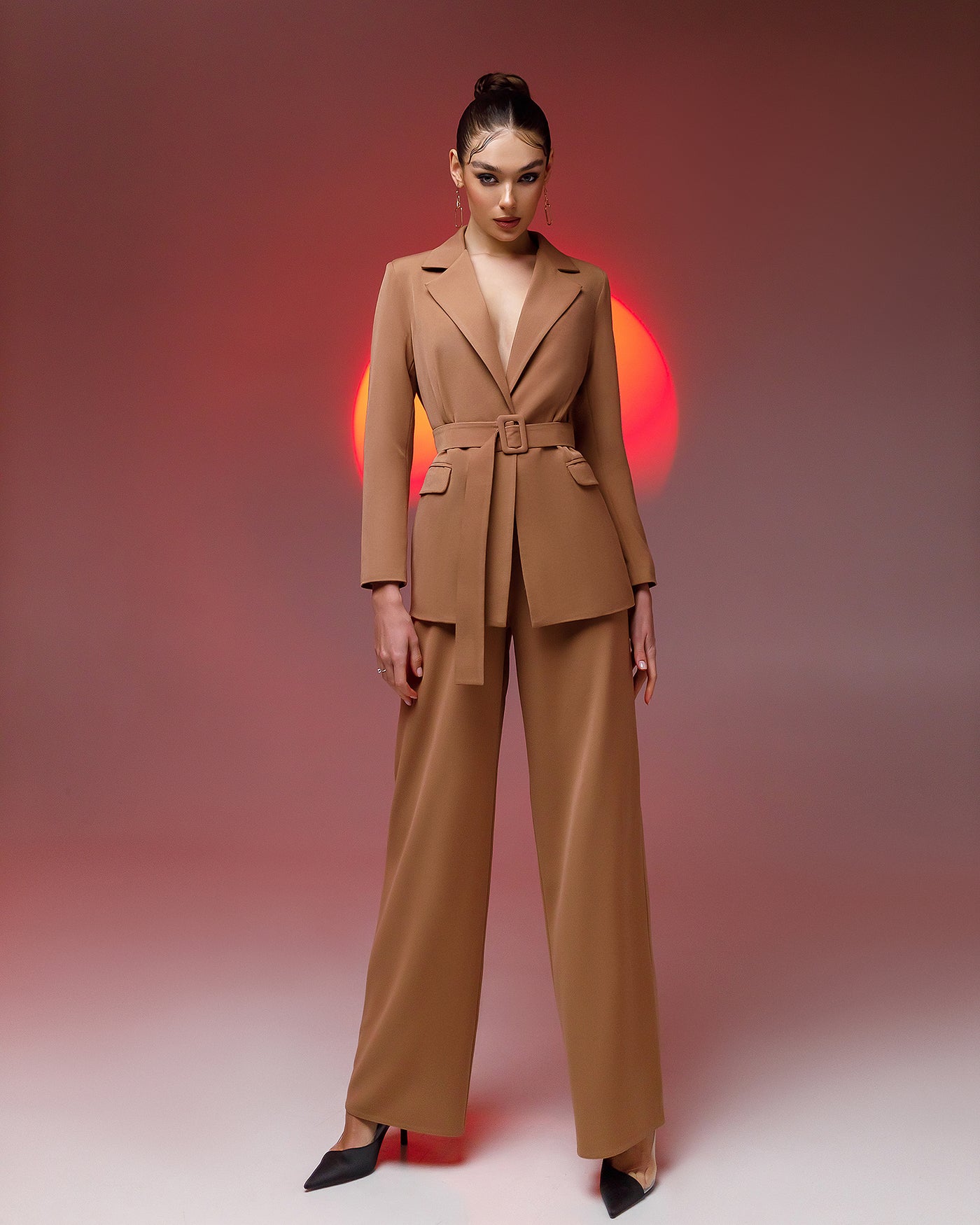 Camel Belted Wide-Leg Suit 2-Piece (article 030)