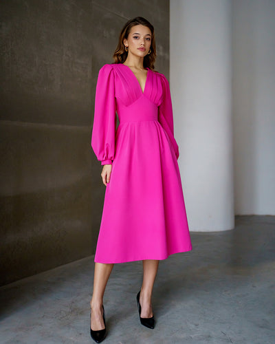 Crimson V-Neck Puff-Sleeve Midi Dress (article 352)