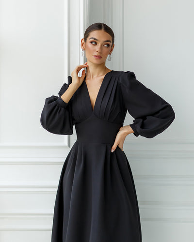 Black V-NECK PUFF-SLEEVE MIDI DRESS (ARTICLE 352)