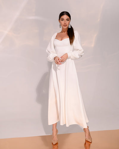 White PUFF-SLEEVE MIDI DRESS (ARTICLE 401)