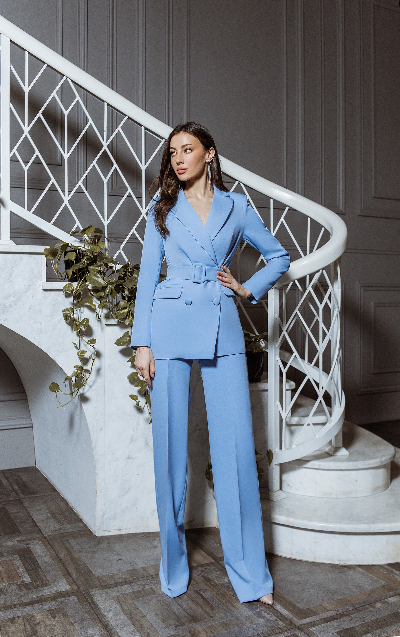 Sky-Blue Belted Double Breasted Suit 2-Piece (article C273)