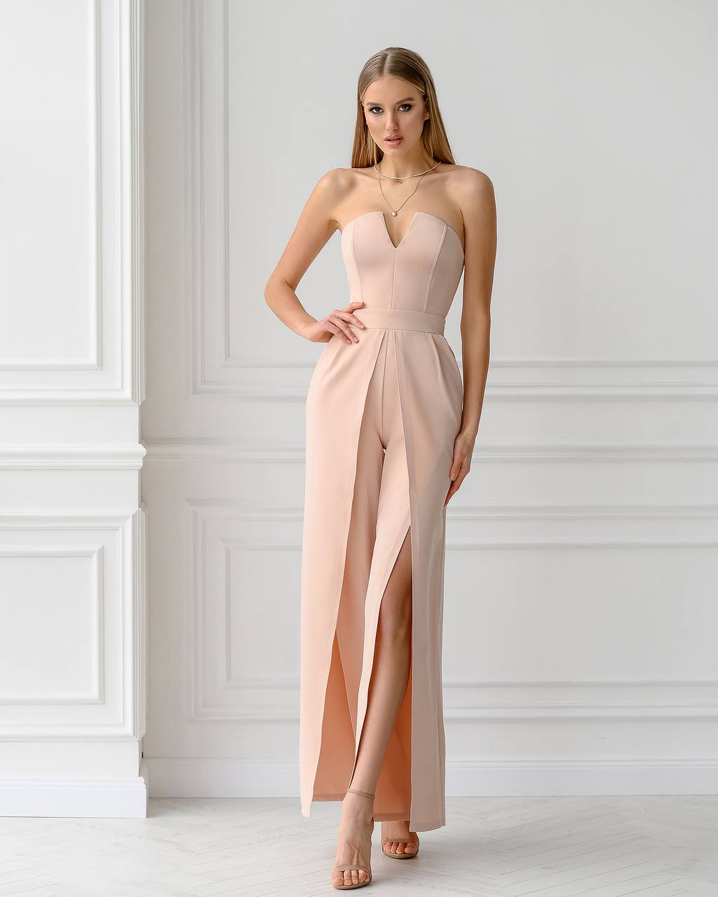 Beige STRAPLESS V-NECK JUMPSUIT (ARTICLE 323)