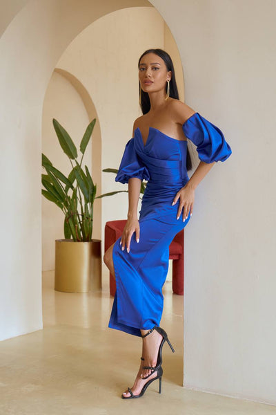 Blue PUFF-SLEEVE MIDI DRESS (ARTICLE 289)