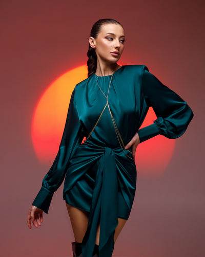 Emerald Silk Puff Sleeve Mini Dress (article 325)