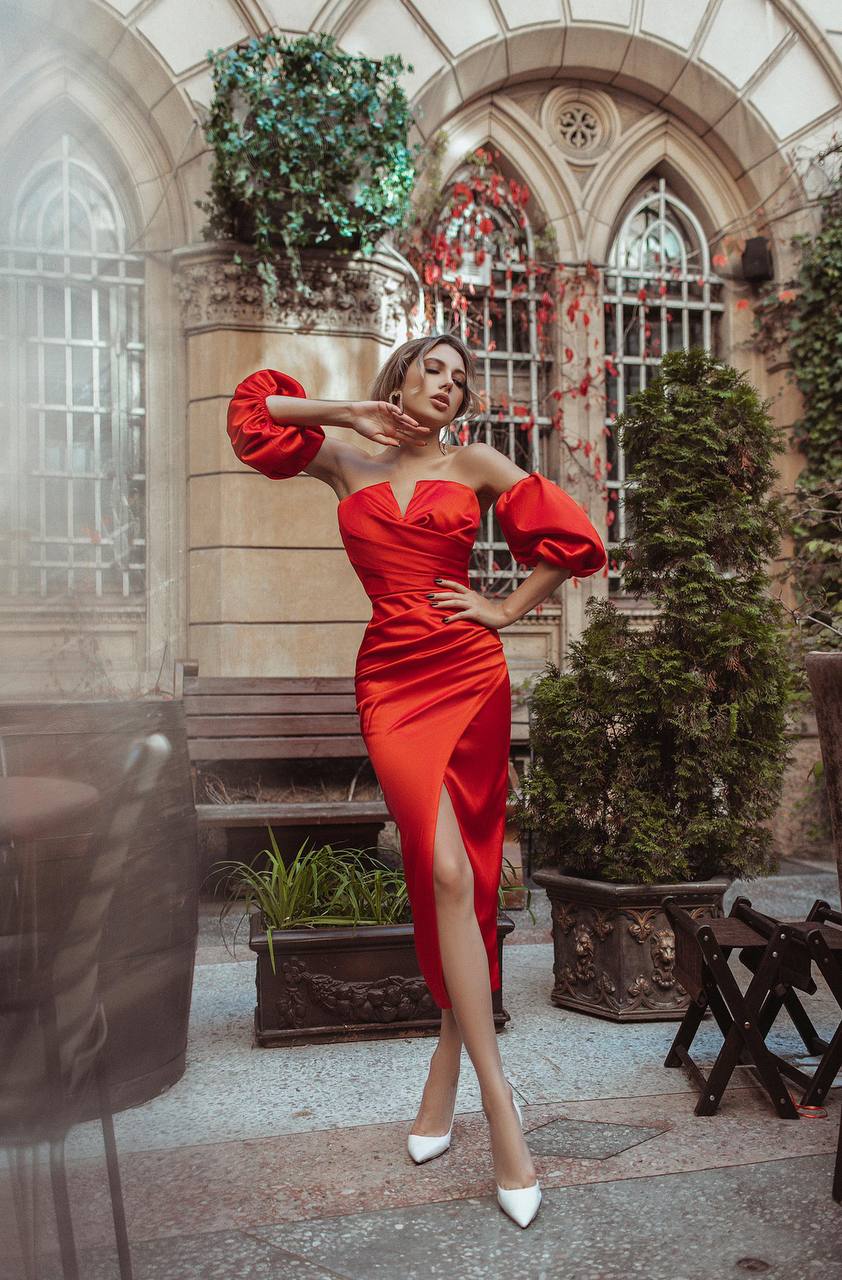 Red PUFF-SLEEVE MIDI DRESS (ARTICLE 289)