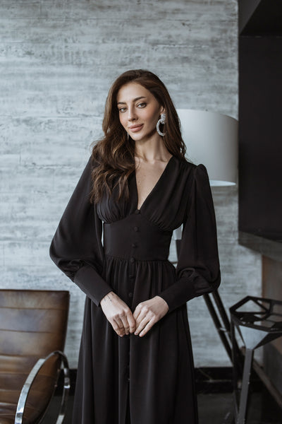 Black V-NECK BUTTONED PUFF-SLEEVE MIDI DRESS (ARTICLE C392)