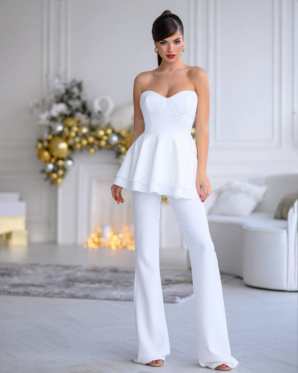 White SWEETHEART PEPLUM TOP & FLARED PANTS 2-PIECE SET (ARTICLE 320)