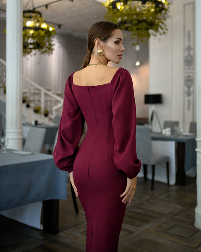 Bordeaux Puff-Sleeve Midi Dress (article 256)