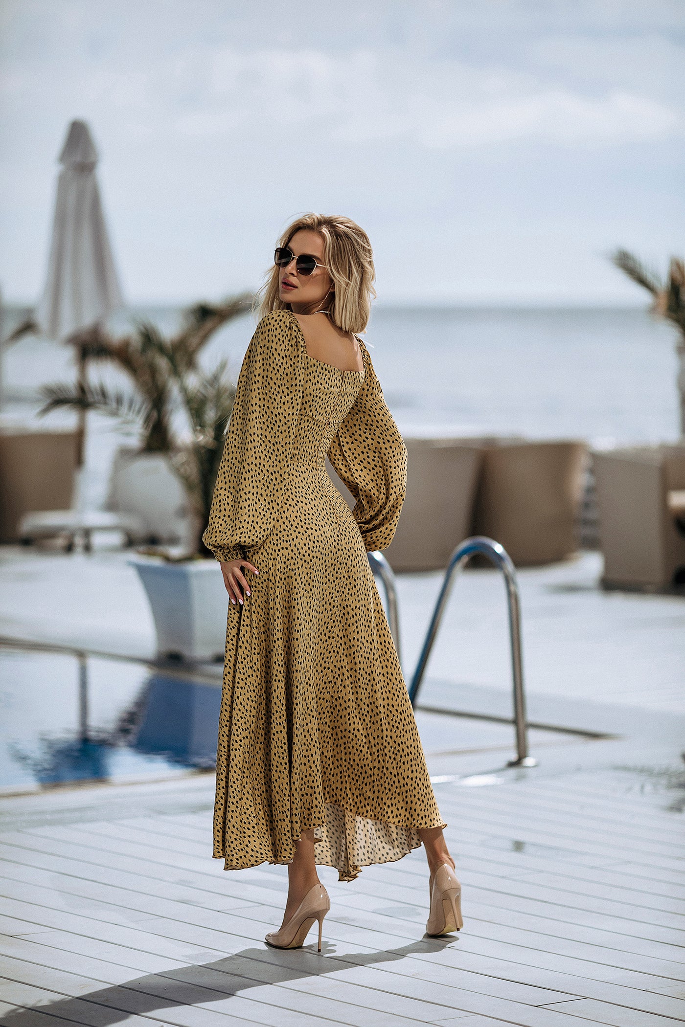 Gold PUFF SLEEVE MIDI DRESS (ARTICLE C329)