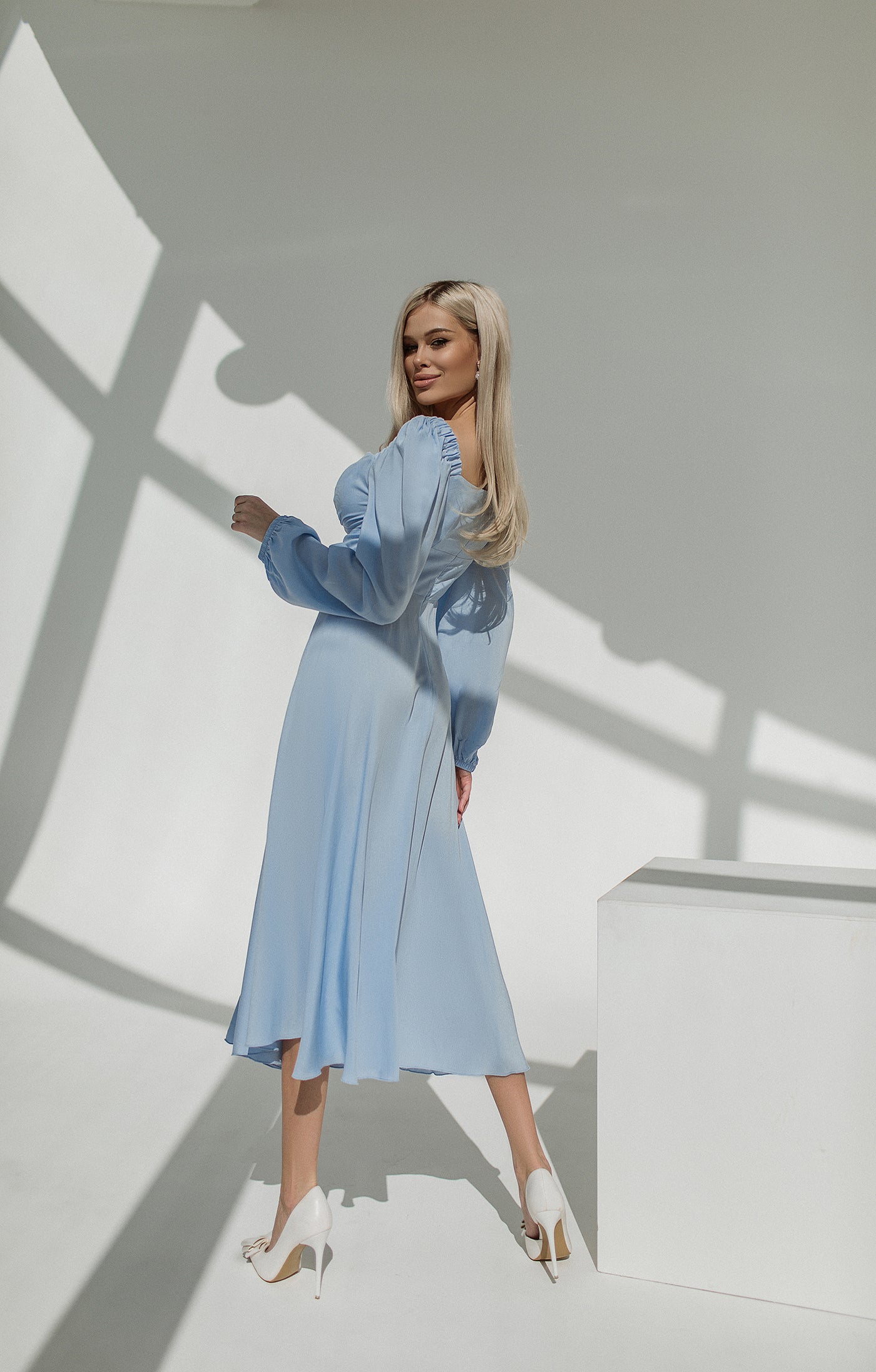 Sky-blue PUFF SLEEVE MIDI DRESS (ARTICLE C329)