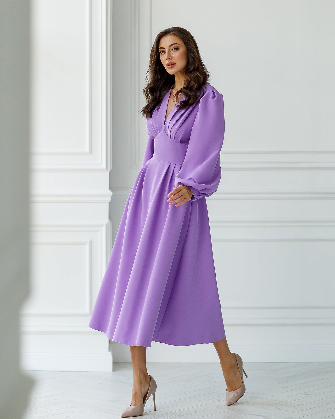 Purple V-NECK PUFF-SLEEVE MIDI DRESS (ARTICLE 352)