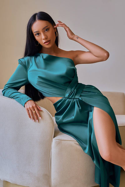 Emerald SATIN ONE-SHOULDER CUT-OUT MIDI DRESS (ARTICLE 341)